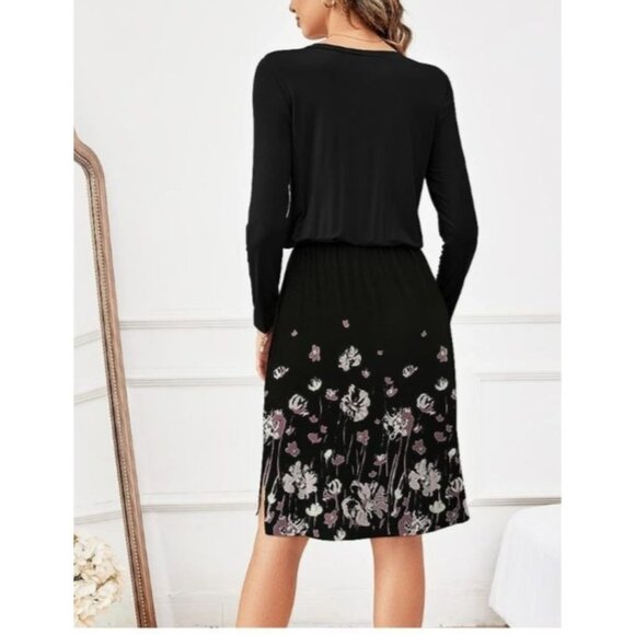 Black Floral Womens Midi Dress With Drawstring Waist Size Med Career Dinner - Picture 3 of 11